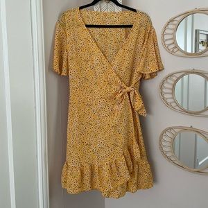 Yellow ditsy floral ruffle wrap dress